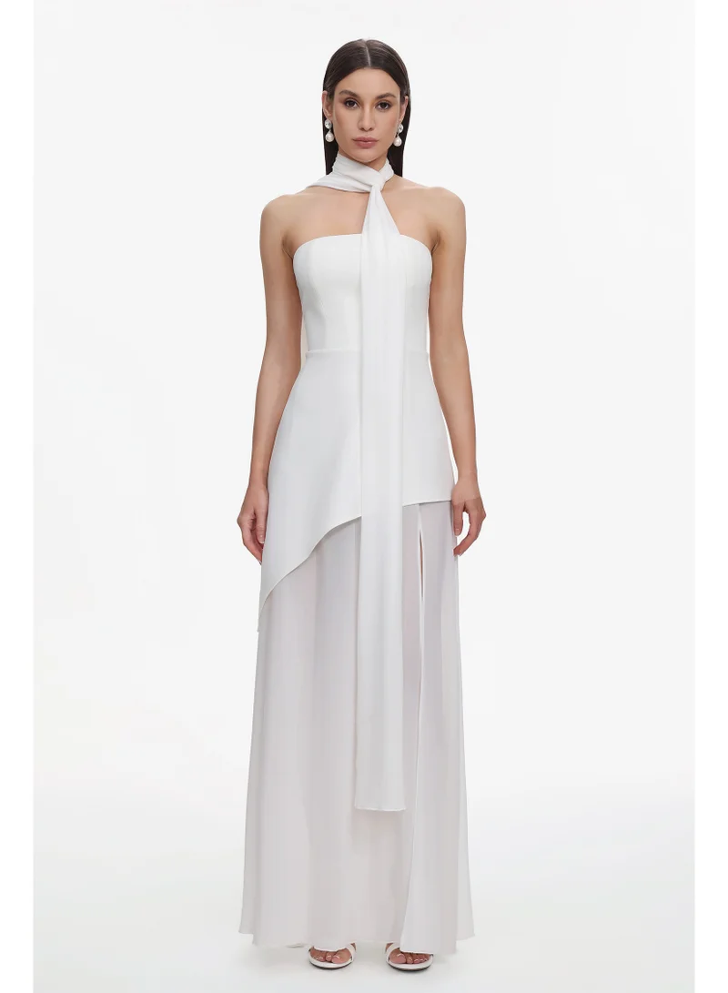 Kater Elegant Tailored Strapless Woven Mesh Maxi Dress